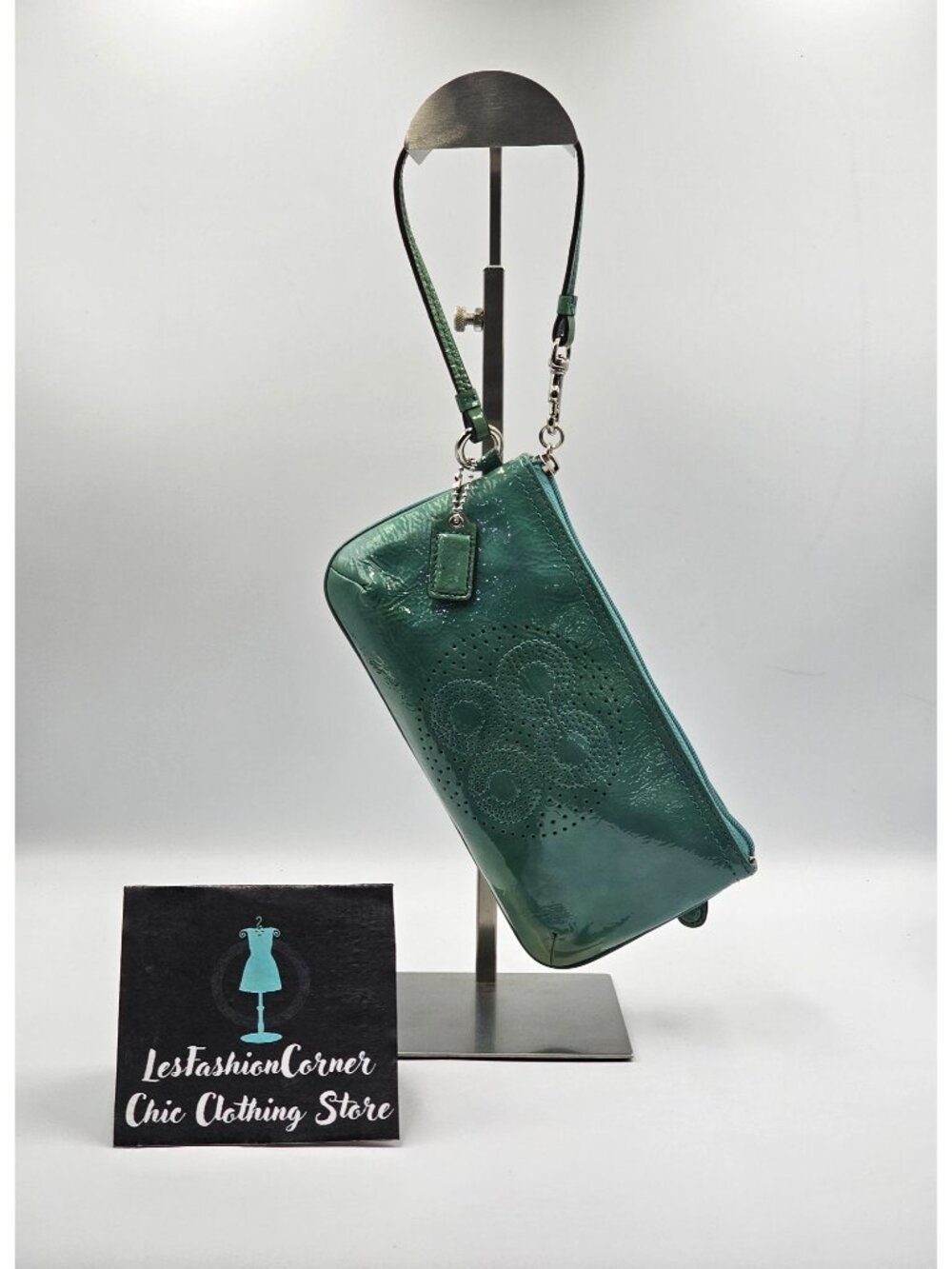 Coach Women's Teal Patent Leather Perforated Logo Wristlet Clutch 3545